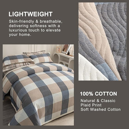 Cotton Plaid Quilt Set King 3 Piece Reversible Bedding, Grid Beige Blue