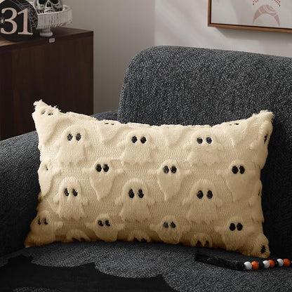 DFXSZ Halloween Pillow Covers 12x20 inch Set of 2 Beige Ghost Throw Pillow Cases Soft Plush Faux Fur Wool Cushion Case for Chair Bedroom Living Room Home Decor PTK03D12