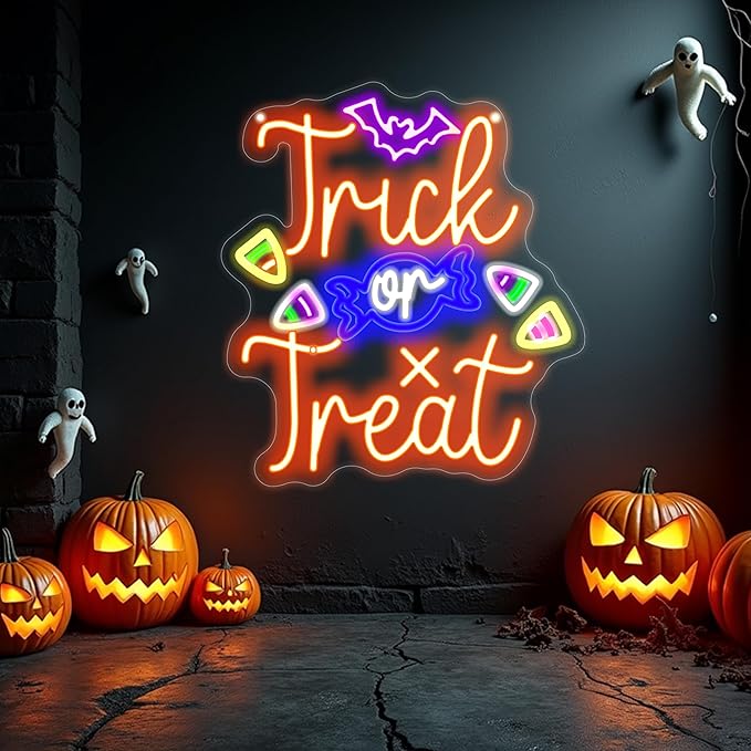 Trick or Treat Neon Sign, Halloween Decorations, Night Light for Yard Garden Party Event Decor, Halloween Hanging Neon Sign for Home Bar Salon Coffee Stores Window Porch Front Door Halloween Decoration