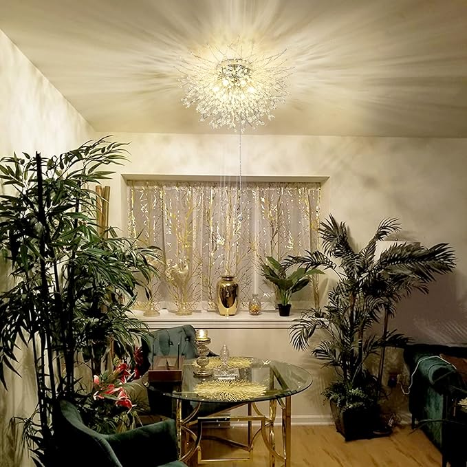 HMVPL Crystal Flush Mount Ceiling Light Fixture with Pull Chain On/Off Switch, LED Close to Ceiling Lamp, Pull Chain Light Fixture Ceiling Mount, Modern Crystal Chandelier for Kitchen Bedroom Entryway