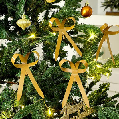 12 Pcs 2025 Metal Christmas Bow Ornaments for Christmas Tree Garland Wreath Bulk Bow with Clip Ornament Vintage Indoor Outdoor Home Xmas Party Decorations, 4 x 5 Inches (Gold)