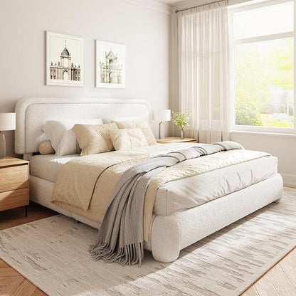 King Size Boucle Bed Frame, Cloud Upholstered Platform Bed with Height Adjustable Headboard & Soft Rounded Corners, No Box Spring Needed, Noise Free, Easy Assembly, White