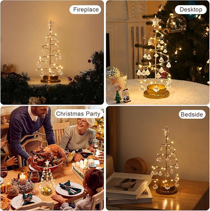Lewondr Christmas Tree Light, 11'' Battery Operated Christmas Tree Night Light, Crystal Spiral Xmas Tree Table Lamp with Star Light & Metal Stand, Christmas Decoration for Home Room Desk Indoor, Gold