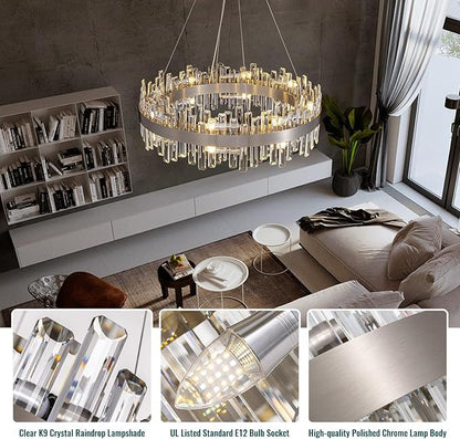 Siljoy 16-Light Modern Crystal Chandelier, Large Brushed Nickel Flush Mount Raindrop Chandelier Adjustable Height Hanging Ceiling Light Fixture for Dining Living Room Entryway Foyer 31.5 Inch