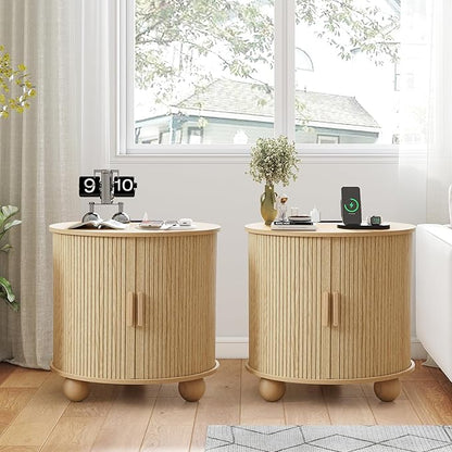 24" Fluted Round Nightstand Set of 2, Mid-Century Large Wooden End Table with Charging Station, Farmhouse Storage Side Table with Sliding Door for Bedroom Living Room (2XRound, Natural)