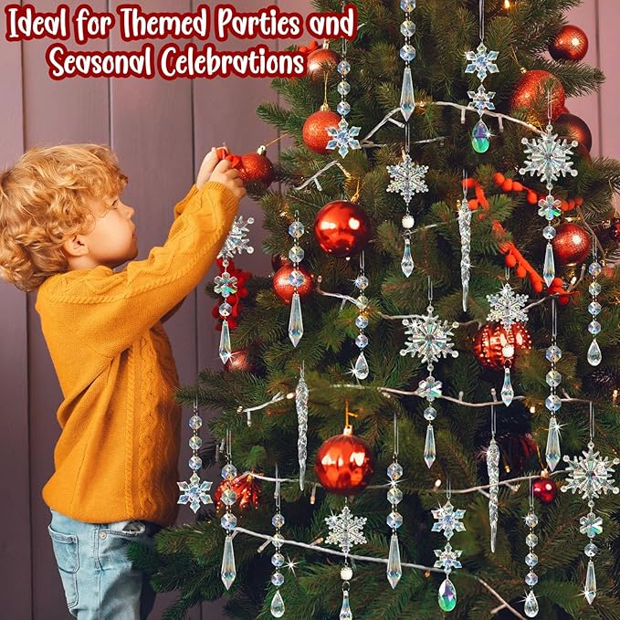 48pcs Christmas Crystal Ornaments for Tree - Iridescent Christmas Tree Ornaments Acrylic Snowflakes Drop Icicle Pendants Hanging Ornaments for Xmas Trees Winter Holiday Frozen Party Decorations