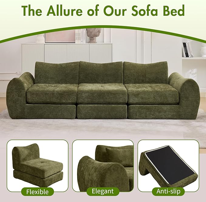 101.6" Modular Sectional Cloud Sofa,Floor Boneless Couch, 4-in-1 Folding Convertible Sofa Bed, Modular Cushion Couch,Suitable for Living Room,Bedroom and Recreation Room (Green)