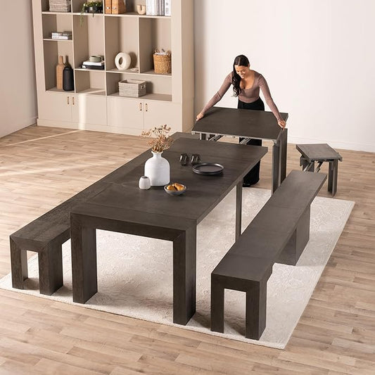 Transformer Expandable Dining Table Set – Solid Wood Table for 4 to 12 with 2 Extendable Benches, Space-Saving Adjustable Dining Room Furniture (Dark Grey, Table + 2 Benches)