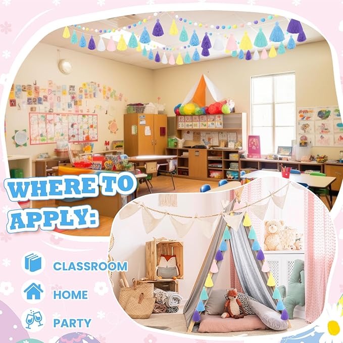 Syhood 4 Pcs Christmas Pom Pom Tassel Garland Felt Pompom Ball Banner Christmas Tassel Garland for Xmas Tree Hanging Decorations Party Supplies Home Decor(Pastel Colors)