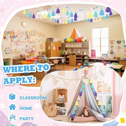 Syhood 4 Pcs Christmas Pom Pom Tassel Garland Felt Pompom Ball Banner Christmas Tassel Garland for Xmas Tree Hanging Decorations Party Supplies Home Decor(Pastel Colors)