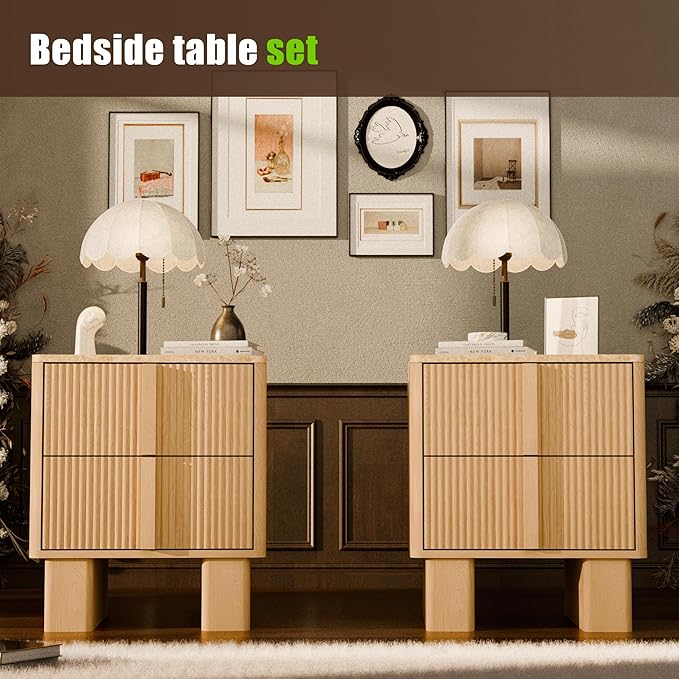 Fluted Night Stand with Charging Station, 22" Tall END Table with 2 Large Storage Drawers and 2 Widened Reinforced Legs, Modern Bedside Table for Bedroom, Living Room, Light Oak