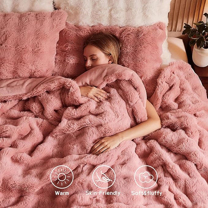 Lotus Karen Faux Fur Queen Comforter Set – Pink Fluffy Comforter Queen Size, Big Bubble Faux Rabbit Fur Bedding Comforter Sets, Winter Warm Cozy Fuzzy Bed Set 3 Pieces, 1 Comforter and 2 Pillowcases