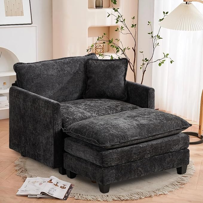 SoarFlash Chenille Sectional Sofa, Comfy Modular Single Chair with Ottoman, Modern Recliner Deep Seat Sofa Set for Living Room,Black