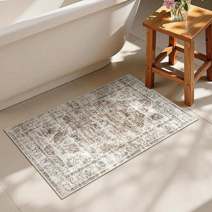 Uphome Boho Bathroom Rugs, Distressed Farmhouse Khaki Bath Mat, Comfy Velvet Small Bath Rugs Non Slip Washable, Vintage Oriental Toilet Rug for Sink Shower Vanity, 20x32 inch