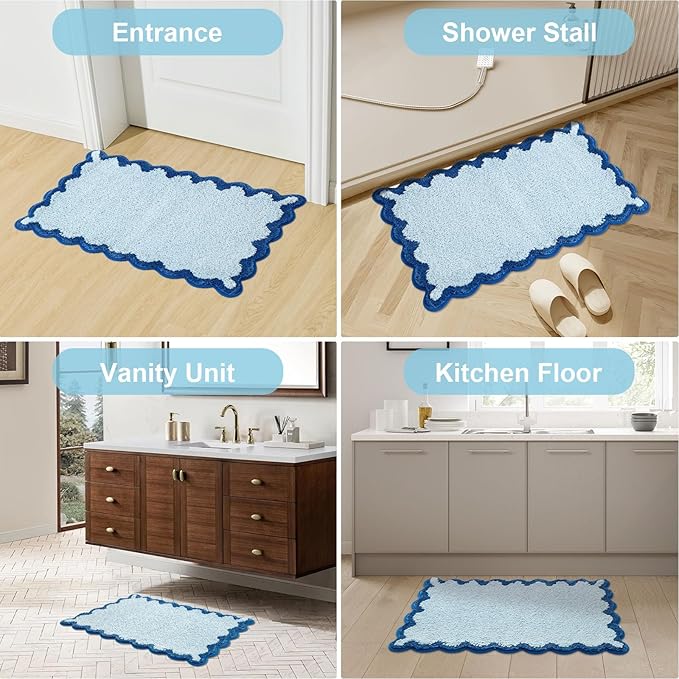 ORTIGIA Cute Blue Scalloped Bath Mat, Fun Plush Microfiber Scallop Bathroom Rugs Non Slip Washable Quick Dry Absorbent, Bathmat Bath Rug for Shower Stall Vanities Kitchen Floor Entrance, 20x32