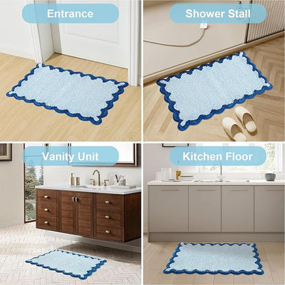 ORTIGIA Cute Blue Scalloped Bath Mat, Fun Plush Microfiber Scallop Bathroom Rugs Non Slip Washable Quick Dry Absorbent, Bathmat Bath Rug for Shower Stall Vanities Kitchen Floor Entrance, 20x32