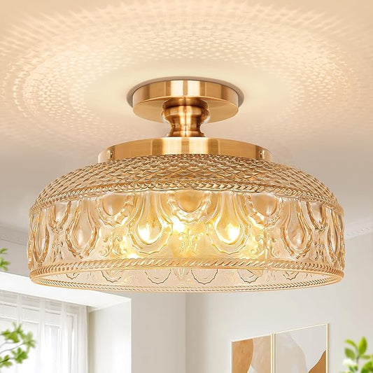 Lamomo Semi Flush Mount Ceiling Light, Upgraded Larger Hallway Light Fixture, 3-Bulb Globe Glass Close to Ceiling Scone, Amber Indoor Hanging Light for Bedroom Kitchen Porch Hallway,Bulbs Not Included
