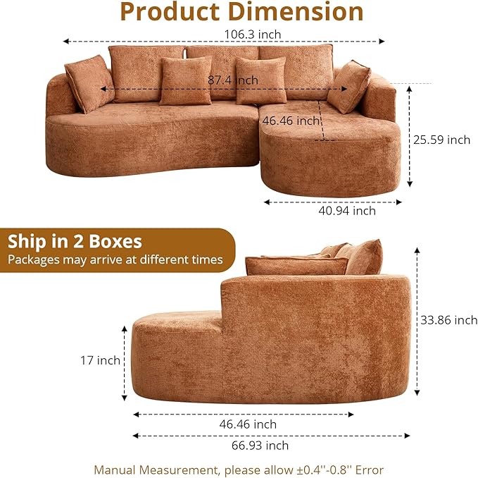 106” Curved Modular Sectional Sofa, Cloud Sectional Couch with Chaise/Deep Seat/Armrest/Chenille Fabric, No Assembly Required, Space-Saving, Boneless Compression Sleeper Sofa for Living Room