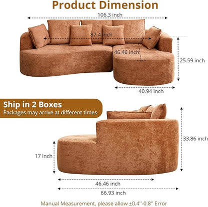 106” Curved Modular Sectional Sofa, Cloud Sectional Couch with Chaise/Deep Seat/Armrest/Chenille Fabric, No Assembly Required, Space-Saving, Boneless Compression Sleeper Sofa for Living Room