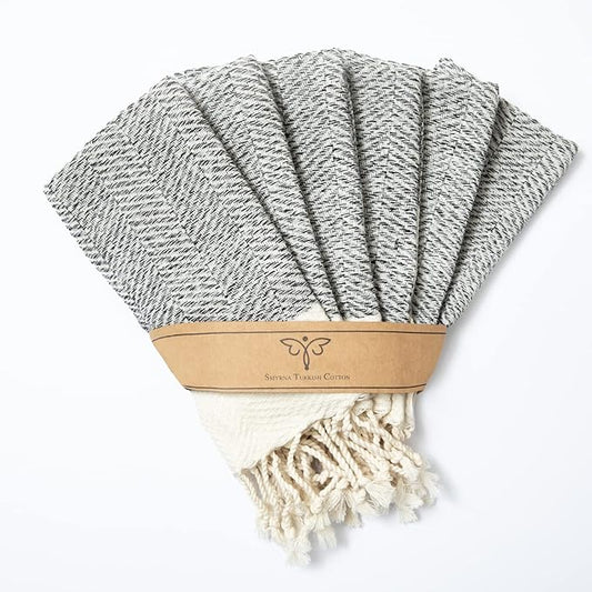 SMYRNA TURKISH COTTON Herringbone Series Kitchen Dish Towels Pack of 6, Machine Washable Wash Cloths, Ultra Soft, Absorbent, Prewashed and Quick Dry Turkish Dish Towels, 12x12 Inch (Gray)