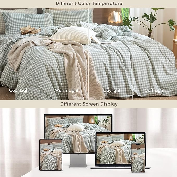 MooMee Gingham Duvet Cover Set 100% Washed Cotton Linen Like Textured Breathable Durable Soft Comfy Modern Checkered Design (Sage Green Gingham, Cal King 104"x98")