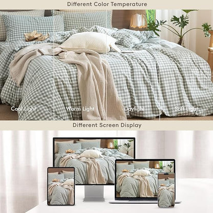 MooMee Gingham Duvet Cover Set 100% Washed Cotton Linen Like Textured Breathable Durable Soft Comfy Modern Checkered Design (Sage Green Gingham, Super Queen 90"x98")