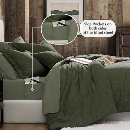 Geniospin Dark Olive Green Full Comforter Set - 7 Pieces Comforter Full Size, Solid Bedding Set for All Season, Textured Bed in a Bag with Sheets