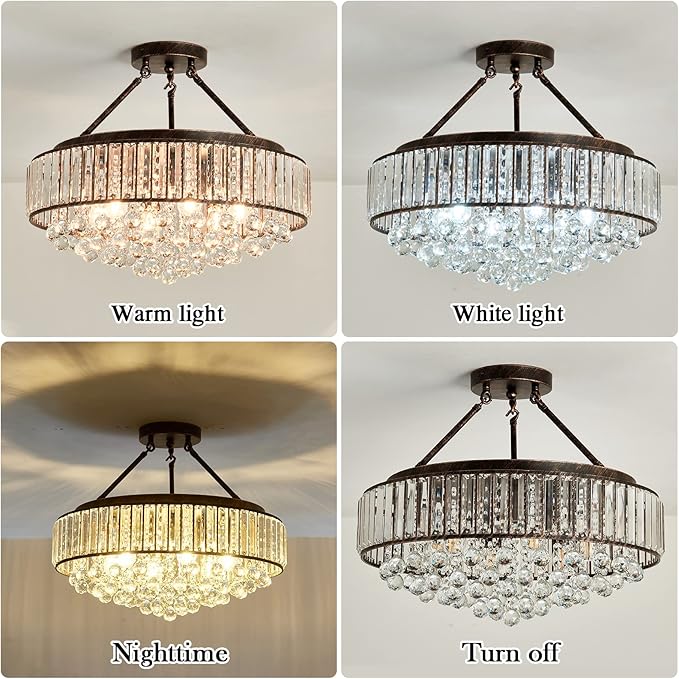 YYJLX 6 Light Modern Crystal Oil Rubbed Bronze Metal Semi Flush Mount Ceiling Light Fixture E26 Indoor Round Ceiling Lamp for Dining, Living, Foyer, Kitchen, Bedroom