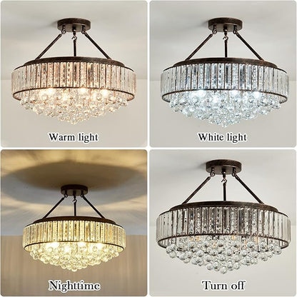 YYJLX 6 Light Modern Crystal Oil Rubbed Bronze Metal Semi Flush Mount Ceiling Light Fixture E26 Indoor Round Ceiling Lamp for Dining, Living, Foyer, Kitchen, Bedroom