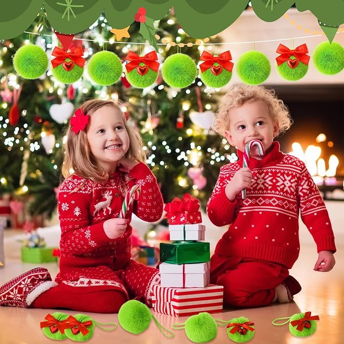 Jenaai 24 Pcs Lime Green Ball Christmas Ornaments for Xmas Tree 2 Size Christmas Hanging Decorations Soft Furry Pom Pom Balls with Red Bow for Xmas Tree Hanging Decor Party Supplies