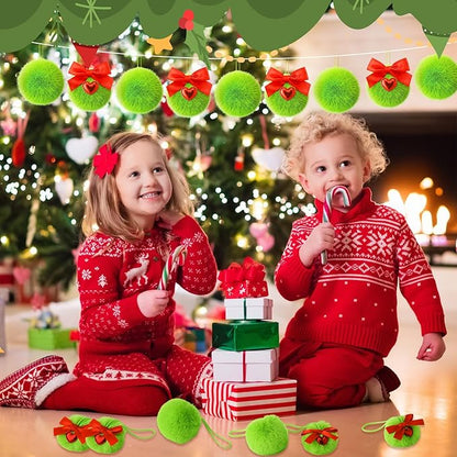 Jenaai 24 Pcs Lime Green Ball Christmas Ornaments for Xmas Tree 2 Size Christmas Hanging Decorations Soft Furry Pom Pom Balls with Red Bow for Xmas Tree Hanging Decor Party Supplies