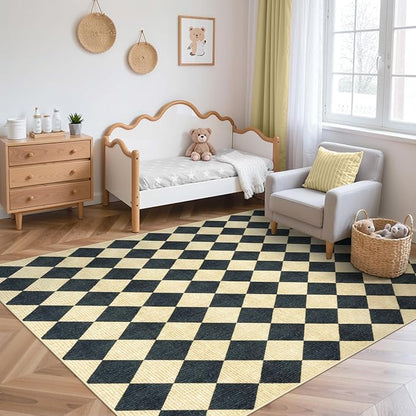 LIVEBOX 5x7 Checkered Rugs for Living Room, Washable Diamond Rug Non-Slip Modern Neutral Geometric Plaid Area Rugs for Bedroom, Low Pile Farmhouse Carpet for Office Kids Room Classroom Dorm, Black