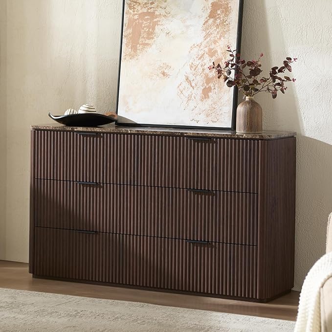 Fluted 6 Drawer Dresser for Bedroom, 54.5" Wide Modern Chest of Drawers with Faux Marble Top, Curved Corners, Wooden Dresser TV Stand with Organizer Storage for Living Room, Dark Oak