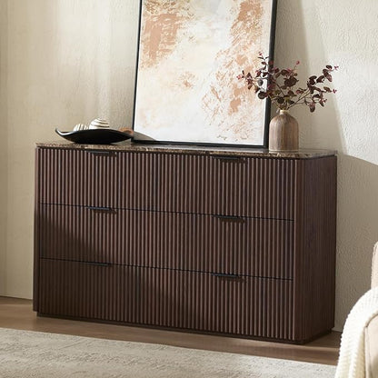Fluted 6 Drawer Dresser for Bedroom, 54.5" Wide Modern Chest of Drawers with Faux Marble Top, Curved Corners, Wooden Dresser TV Stand with Organizer Storage for Living Room, Dark Oak