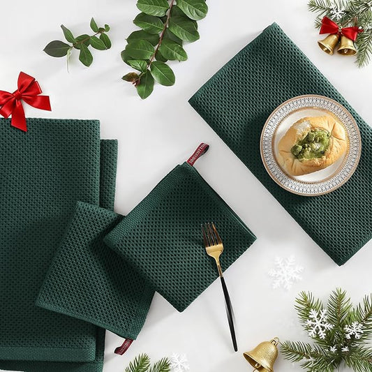 Homaxy 100% Cotton Kitchen Towels and Dishcloths Set, 12 x 12 Inches and 13 x 28 Inches, Set of 12 Bulk Kitchen Towels Set, Ultra Soft Absorbent Dish Cloths for Washing Dishes, Blackish Green