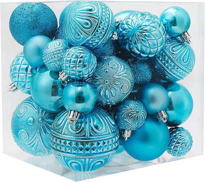 Christmas Ball Ornaments Baby Blue Christmas Tree Decorations with Hang Rope-36pcs Shatterproof Christmas Ornaments Set with 6 Styles in 3 Sizes(Small Medium Large)