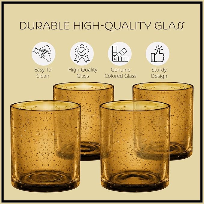 Artland 14oz Double Old Fashion Glass, Set of 4 | Iris Seeded Design, Amber | Drinking Glass for Parties and Everyday Use - Mojito, Whiskey, Cocktail | Glassware & Barware Essentials