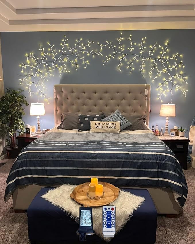 2PCS Enchanted Willow Vine Lights with Remote, Christmas Swags Decorations Indoor Room Decor, 18 Branches 144 LEDs 7.5FT Lighted Willow Vine Lights for Walls Bedroom Home Decor, White