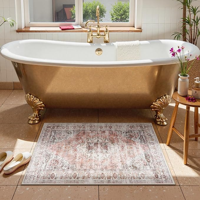 Uphome Boho Bathroom Rugs, Distressed Farmhouse Blush Pink Bath Mat, Comfy Velvet Small Bath Rugs Non Slip Washable, Vintage Oriental Toilet Rug for Sink Shower Vanity, 20x32 inch