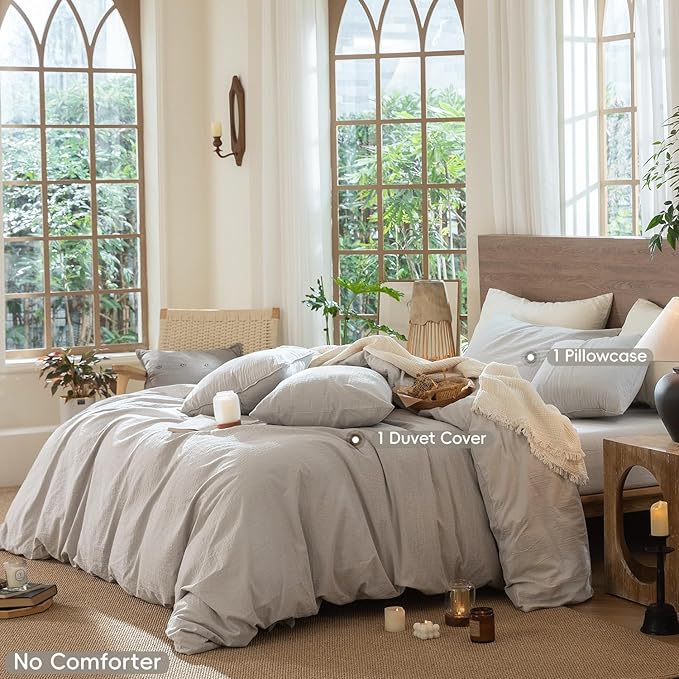 MooMee Wavy Striped Duvet Cover Set 100% Washed Cotton Linen Like Textured Breathable Durable Soft Comfy (Light Grey, Twin 68"x90")