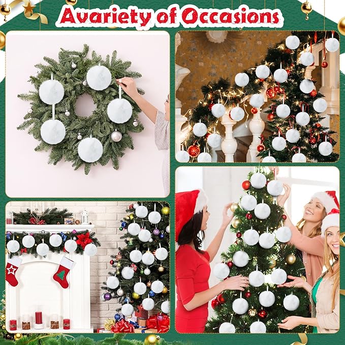 24 Pcs White Furry Christmas Ball Ornaments for Tree 3.94 Inches Large Pom Pom Ball Christmas Hanging Decoration for Party Supplies Fireplace Mantel Wall Decor