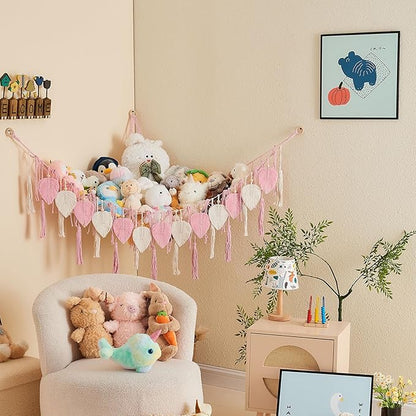 Pretty Jolly Stuffed Animal Storage with Hand Woven Leaf Tassels Hammock Corner Hanging Net Boho Macrame Plush Storage for Kid Room Nursery Wall Display Organizer for Girls Boy Gift(Light Pink)