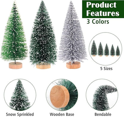 30Pcs Mini Christmas Trees - Artificial Christmas Tree Bottle Brush Trees with 5 Sizes, Snow Trees with Wooden Base for Christmas Party Home Table Craft Decor (Silver+Green+DarkGreen)
