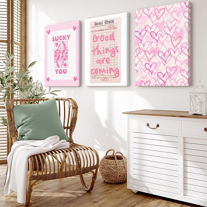 Lucky You Pink Wall Art Guest Check Preppy Wall Decor Trendy Aesthetic Canvas Wall Art Funky Retro Poster Hearts Cute Picture Prints Inspirational Artwork for Room Bedroom 16x24 Inch Framed Set of 3