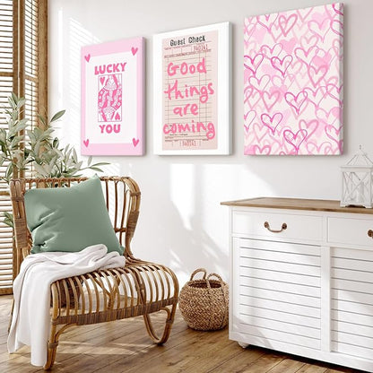Lucky You Pink Wall Art Guest Check Preppy Wall Decor Trendy Aesthetic Canvas Wall Art Funky Retro Poster Hearts Cute Picture Prints Inspirational Artwork for Room Bedroom 16x24 Inch Framed Set of 3