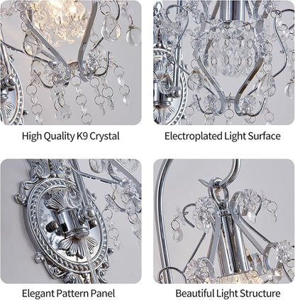 Silver Crystal Vintage Plug in Wall Sconces Set of 2 Indoor Wall Light Fixture, Modern Wall Mount Lamp Light for Bedroom Living Room Bathroom Vanity Light Hallway Light Fixture Decor LED E12