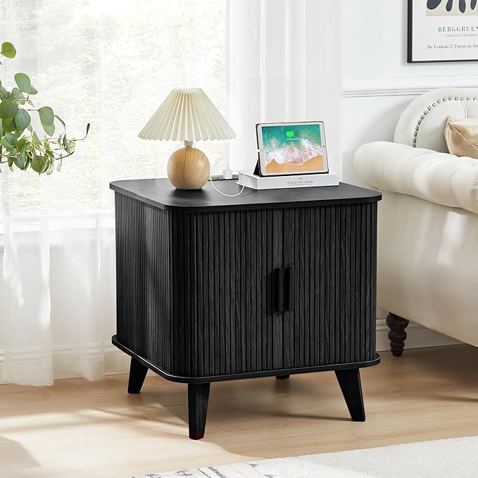 24 Inch End Table with Charging Station, Mid Century Modern Fluted Nighstand with Storage & Sliding Door, Wooden Large Side Table for Bedroom Living Room (Square, Black)