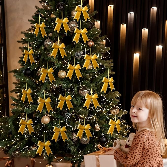 12 Pcs 2025 Christmas Metal Bow Ornaments Bulk for Christmas Tree Garland Wreath Fireplace Vintage Gold Bow Ornaments Indoor Outdoor Home Xmas Party Decorations