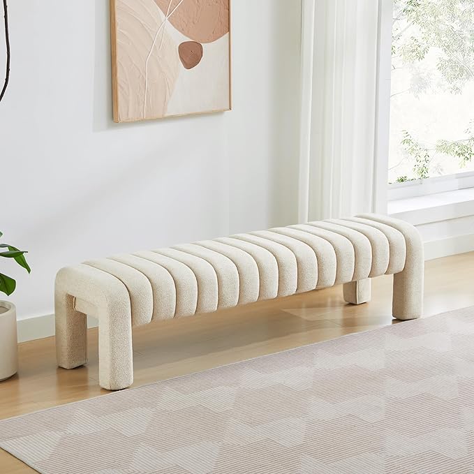 63’’ End of Bed Bench, Modern Linen Entryway Bench, Upholstered Ottoman Stool with Extra Length, Full Coverage Fabrics, Ottoman for Bedroom, Living Room, Dining Room, Beige