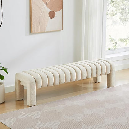 63’’ End of Bed Bench, Modern Linen Entryway Bench, Upholstered Ottoman Stool with Extra Length, Full Coverage Fabrics, Ottoman for Bedroom, Living Room, Dining Room, Beige